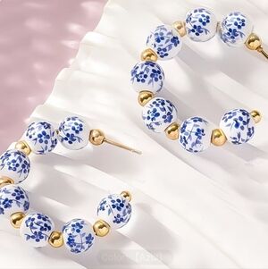 NEW! Elegant Beaded Porcelanite Blue and Gold Floral Open Hoop Post Earrings